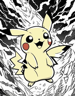 A coloring book page featuring Pikachu from Pokemon, surrounded by lightning, with bold outlines.