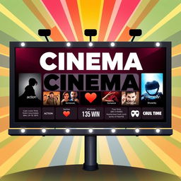 A visually striking cinema billboard design showcasing various film titles and genres