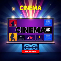 A visually striking cinema billboard design showcasing various film titles and genres