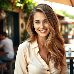 A charming and attractive white woman around 37 years old, captured in a vibrant photo suited for a dating website profile