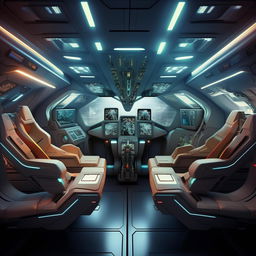 interior of a four-seater, double. cabin, futuristic jet fighter with interceptor devices