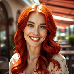A stunning and confident white woman with vibrant red hair, around 35 years old, captured in a delightful photo perfect for a dating website profile