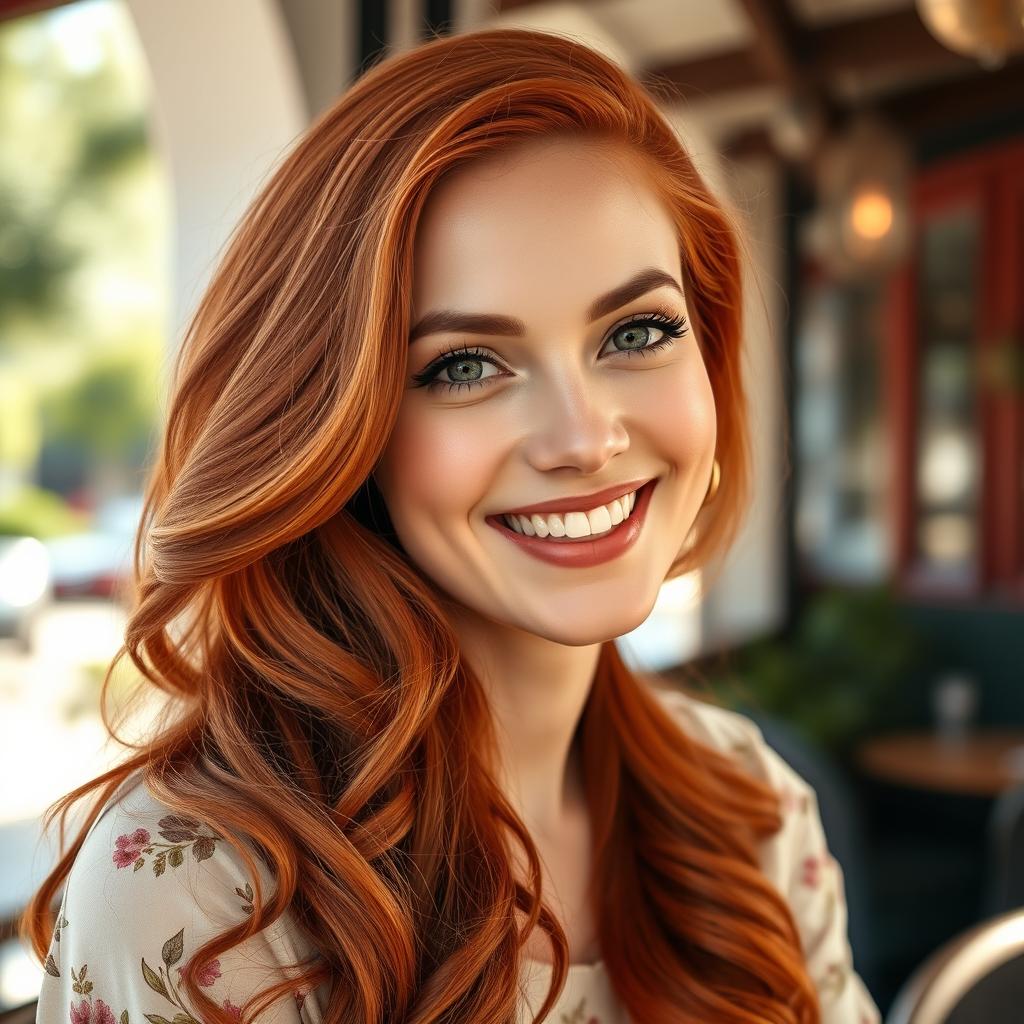 A stunning and confident white woman with vibrant red hair, around 35 years old, captured in a delightful photo perfect for a dating website profile