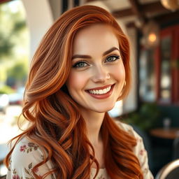 A stunning and confident white woman with vibrant red hair, around 35 years old, captured in a delightful photo perfect for a dating website profile