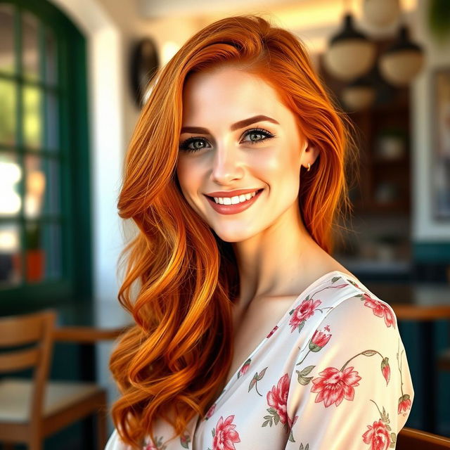 A stunning and confident white woman with vibrant red hair, around 35 years old, captured in a delightful photo perfect for a dating website profile