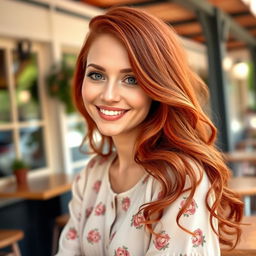 A stunning and confident white woman with vibrant red hair, around 35 years old, captured in a delightful photo perfect for a dating website profile