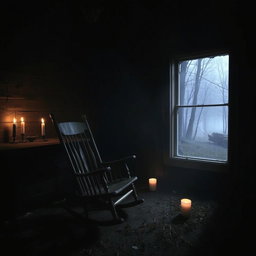 A chilling scene from a horror film set in an abandoned cabin deep in the woods