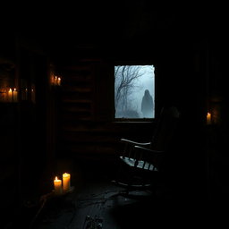 A chilling scene from a horror film set in an abandoned cabin deep in the woods