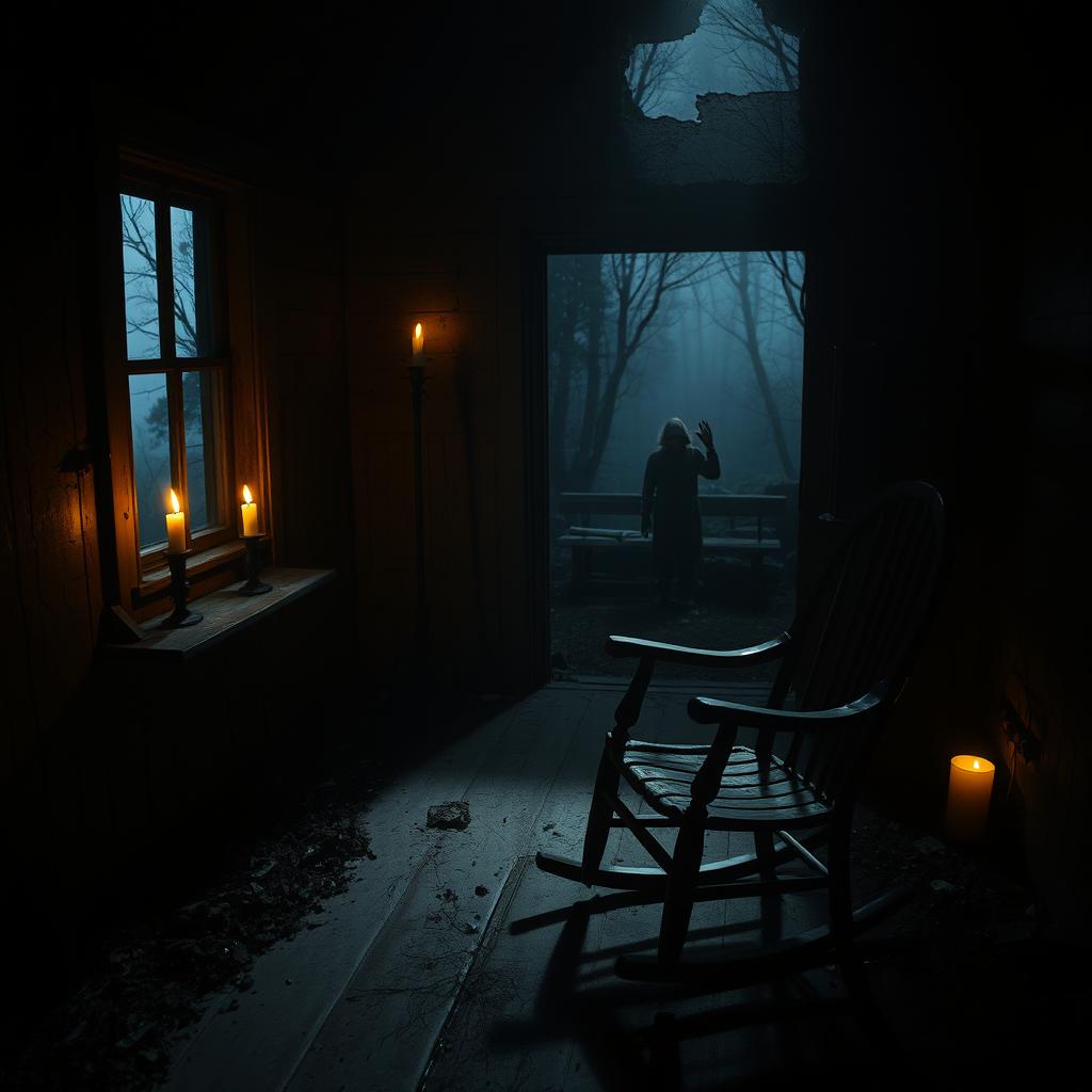 A chilling scene from a horror film set in an abandoned cabin deep in the woods