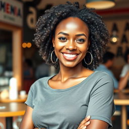 A stylish and confident black woman around 35 years old, captured in a casual style photo ideal for showcasing her personality