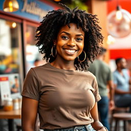 A stylish and confident black woman around 35 years old, captured in a casual style photo ideal for showcasing her personality