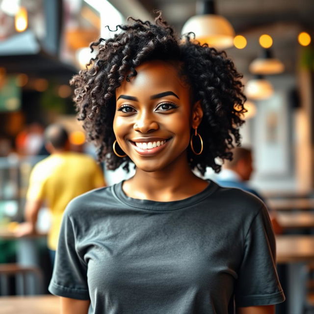 A stylish and confident black woman around 35 years old, captured in a casual style photo ideal for showcasing her personality