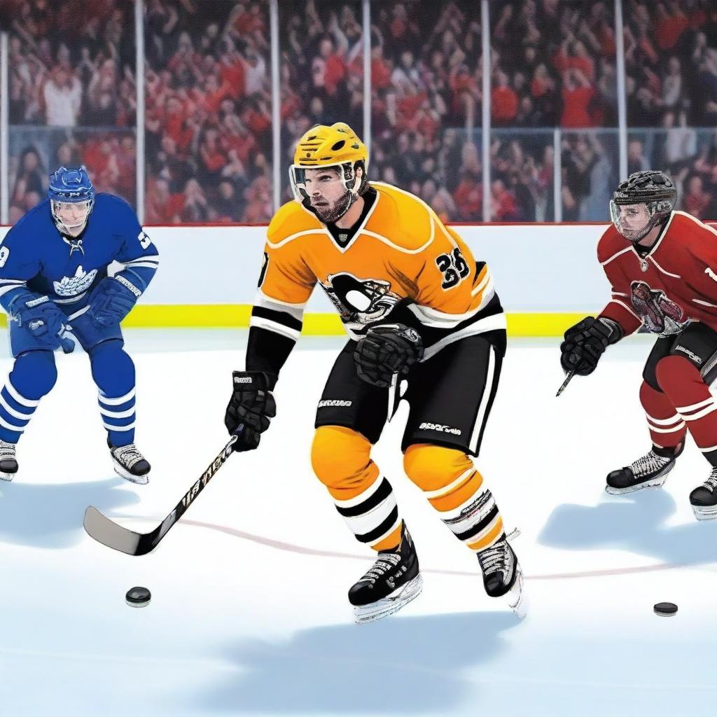 An artistic rendering of the user as a dedicated hockey player, equipped with full gear, passionately playing on a lively ice rink filled with spirited fans