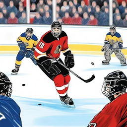 An artistic rendering of the user as a dedicated hockey player, equipped with full gear, passionately playing on a lively ice rink filled with spirited fans