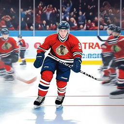 An artistic rendering of the user as a dedicated hockey player, equipped with full gear, passionately playing on a lively ice rink filled with spirited fans