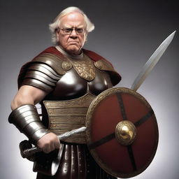 Warren Buffet dressed as a detailed, historically accurate Roman gladiator, holding a sword and shield, looking determined and powerful