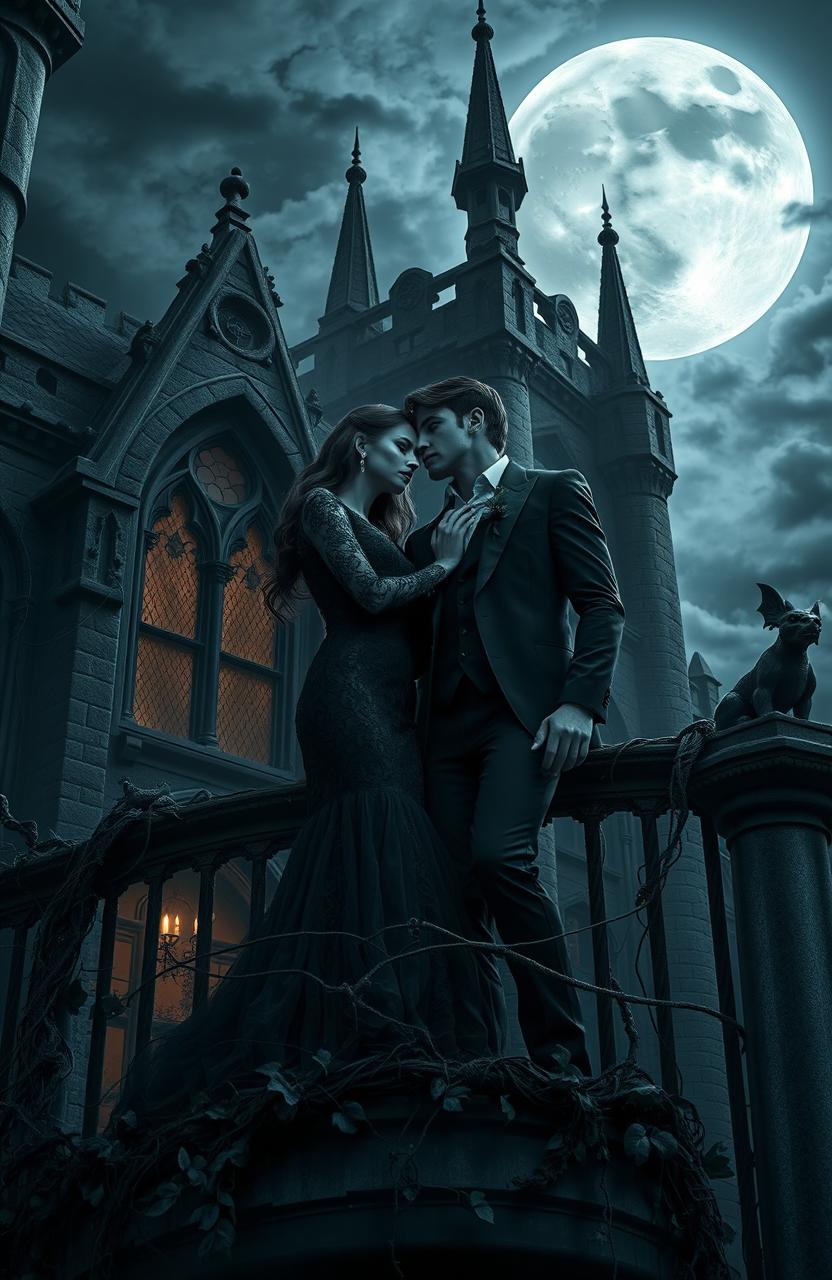 A dark romance scene set in a gothic castle, lit by a full moon casting eerie shadows