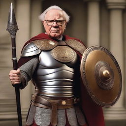 Warren Buffet dressed as a detailed, historically accurate Roman gladiator, holding a sword and shield, looking determined and powerful