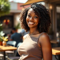A vibrant and charismatic black woman, around 35 years old, captured in a casual photo ideal for a dating profile