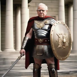 Warren Buffet dressed as a detailed, historically accurate Roman gladiator, holding a sword and shield, looking determined and powerful