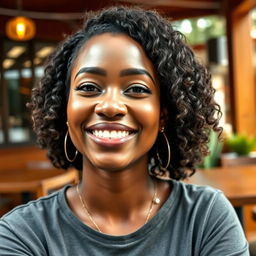 A vibrant and charismatic black woman, around 35 years old, captured in a casual photo ideal for a dating profile