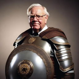 Warren Buffet dressed as a detailed, historically accurate Roman gladiator, holding a sword and shield, looking determined and powerful