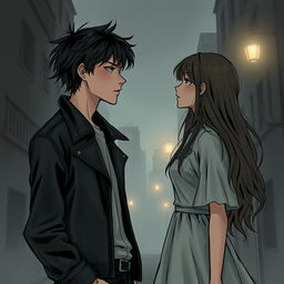 A dark romance illustration featuring two teenage characters in a moody urban setting