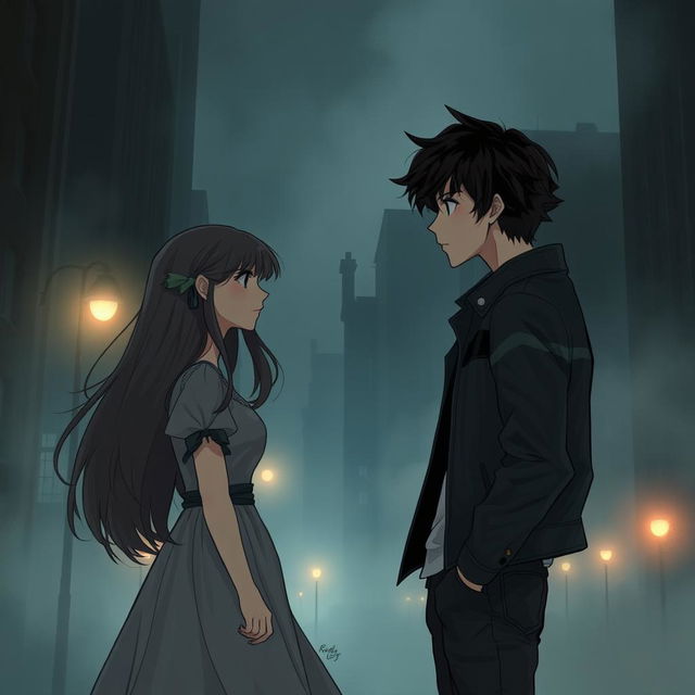 A dark romance illustration featuring two teenage characters in a moody urban setting