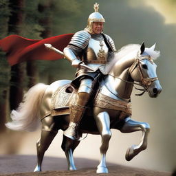 Warren Buffet clad in a majestic knight's armor, wearing a plume-topped helmet and holding a gleaming sword while mounted on a spirited steed