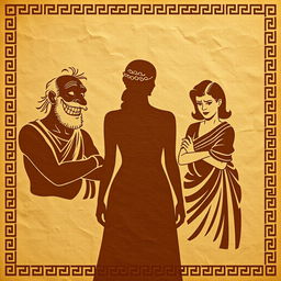 An ancient Greek-Latin theater poster featuring a highly textured, wrinkled papyrus background