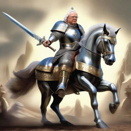 Warren Buffet clad in a majestic knight's armor, wearing a plume-topped helmet and holding a gleaming sword while mounted on a spirited steed