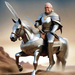 Warren Buffet clad in a majestic knight's armor, wearing a plume-topped helmet and holding a gleaming sword while mounted on a spirited steed