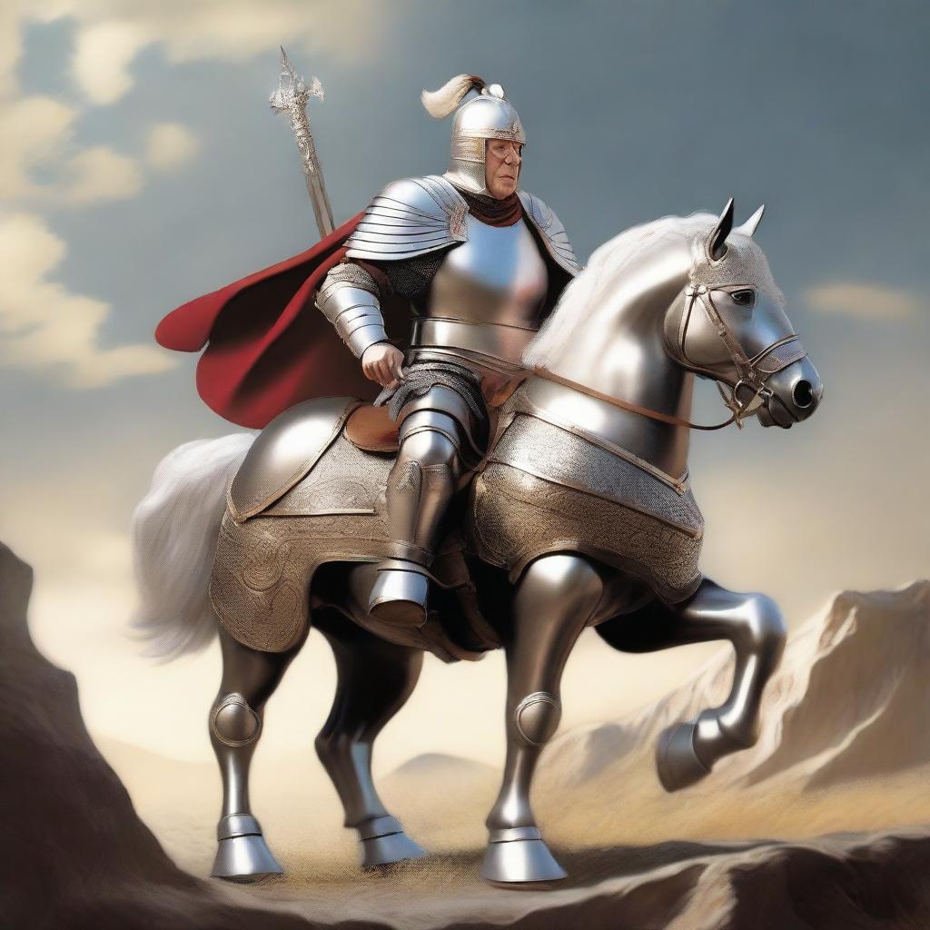 Warren Buffet clad in a majestic knight's armor, wearing a plume-topped helmet and holding a gleaming sword while mounted on a spirited steed