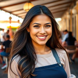 A lively and confident Mexican woman, around 35 years old, captured in a casual photo ideal for a dating profile