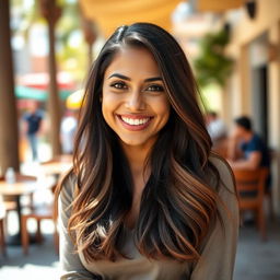 A lively and confident Mexican woman, around 35 years old, captured in a casual photo ideal for a dating profile