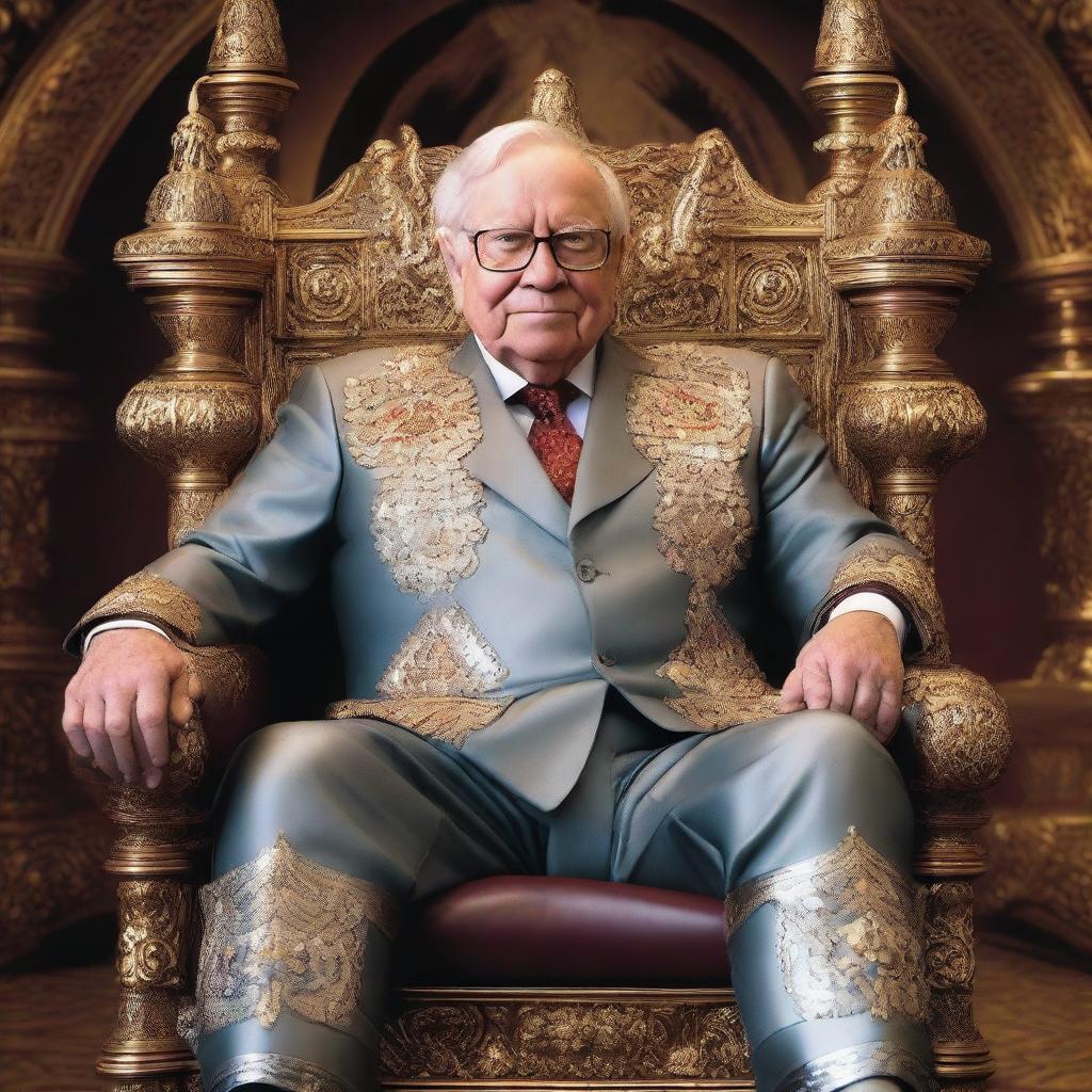 Warren Buffet, adorned in regal knight's armor, sitting with an air of authority and wisdom on an intricately decorated throne