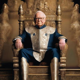 Warren Buffet, adorned in regal knight's armor, sitting with an air of authority and wisdom on an intricately decorated throne