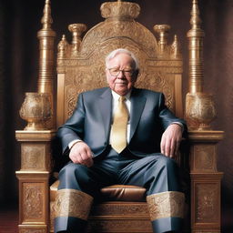 Warren Buffet, adorned in regal knight's armor, sitting with an air of authority and wisdom on an intricately decorated throne