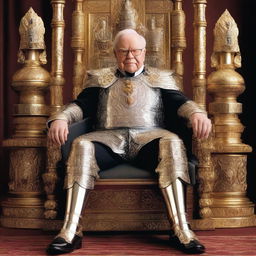 Warren Buffet, adorned in regal knight's armor, sitting with an air of authority and wisdom on an intricately decorated throne