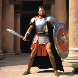 Larry Ellison outfitted as an imposing Roman gladiator, exuding strength and prowess, armed with a gladius sword and a vibrant, detailed shield