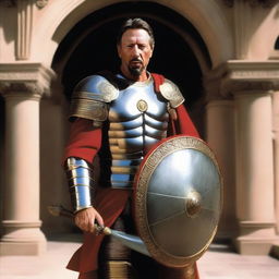 Larry Ellison outfitted as an imposing Roman gladiator, exuding strength and prowess, armed with a gladius sword and a vibrant, detailed shield