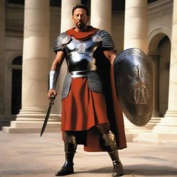 Larry Ellison outfitted as an imposing Roman gladiator, exuding strength and prowess, armed with a gladius sword and a vibrant, detailed shield