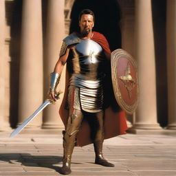 Larry Ellison outfitted as an imposing Roman gladiator, exuding strength and prowess, armed with a gladius sword and a vibrant, detailed shield