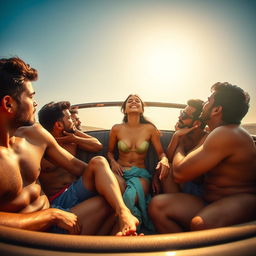 A lively and vibrant scene featuring a cute Indian girl with long legs, fully naked, inside a convertible car during a road trip in Goa