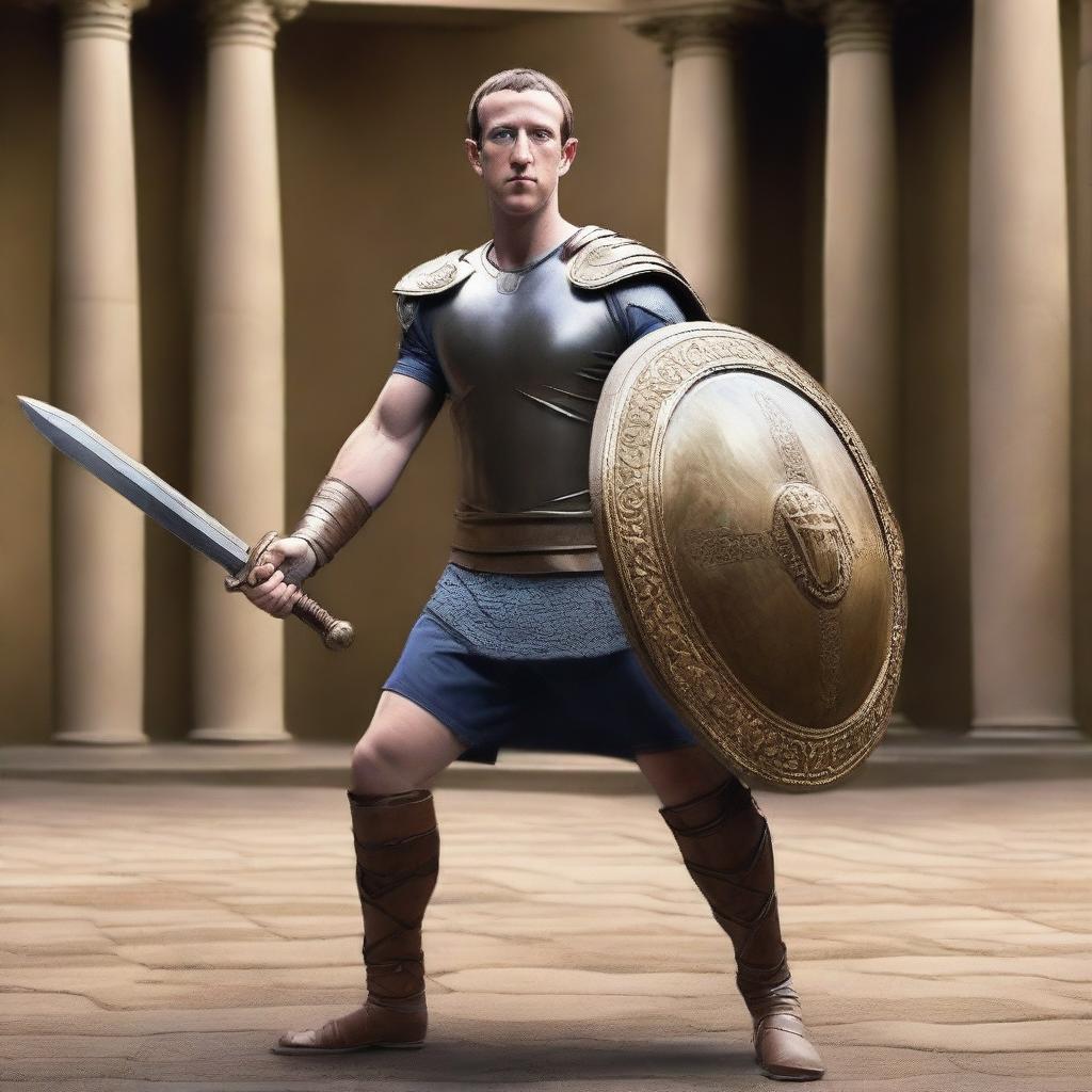 Mark Zuckerberg donned in an authentic Roman gladiator attire, posing with a stylish fighting stance while holding a gladius sword and detailed round shield