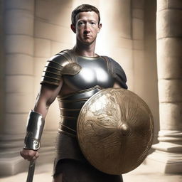 Mark Zuckerberg donned in an authentic Roman gladiator attire, posing with a stylish fighting stance while holding a gladius sword and detailed round shield