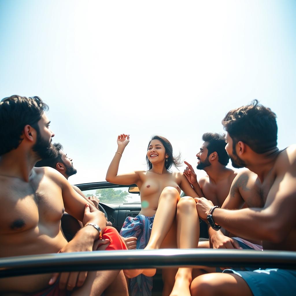 A playful outdoor scene featuring a cute 18-year-old Indian girl with long legs, fully naked, inside a convertible car during a sunny road trip in Goa