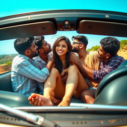 A playful outdoor scene featuring a cute 18-year-old Indian girl with long legs, fully naked, inside a convertible car during a sunny road trip in Goa