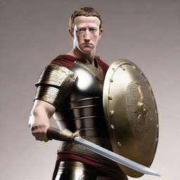 Mark Zuckerberg donned in an authentic Roman gladiator attire, posing with a stylish fighting stance while holding a gladius sword and detailed round shield