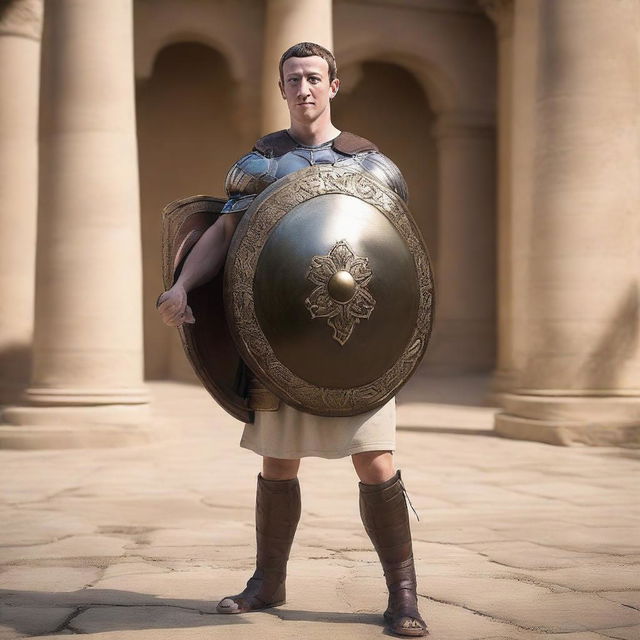 Mark Zuckerberg donned in an authentic Roman gladiator attire, posing with a stylish fighting stance while holding a gladius sword and detailed round shield